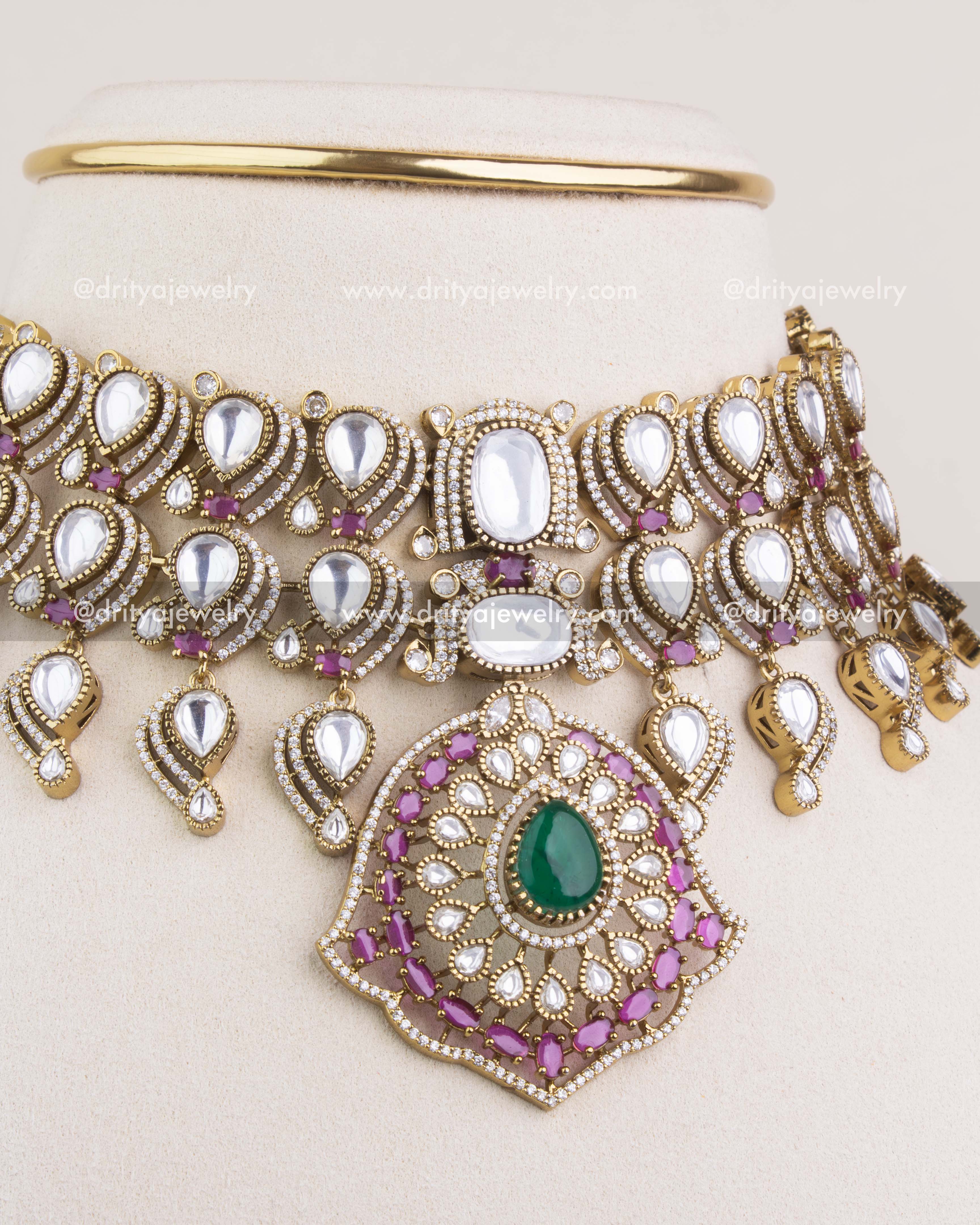 SKU 1234 Kundan choker necklace set close-up of pendant and lower motifs