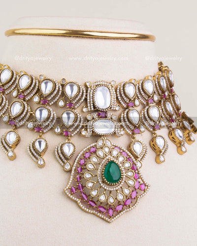 SKU 1234 Kundan choker necklace set close-up of pendant and lower motifs