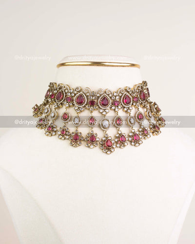 1096-R full view of premium Victorian red stone choker necklace