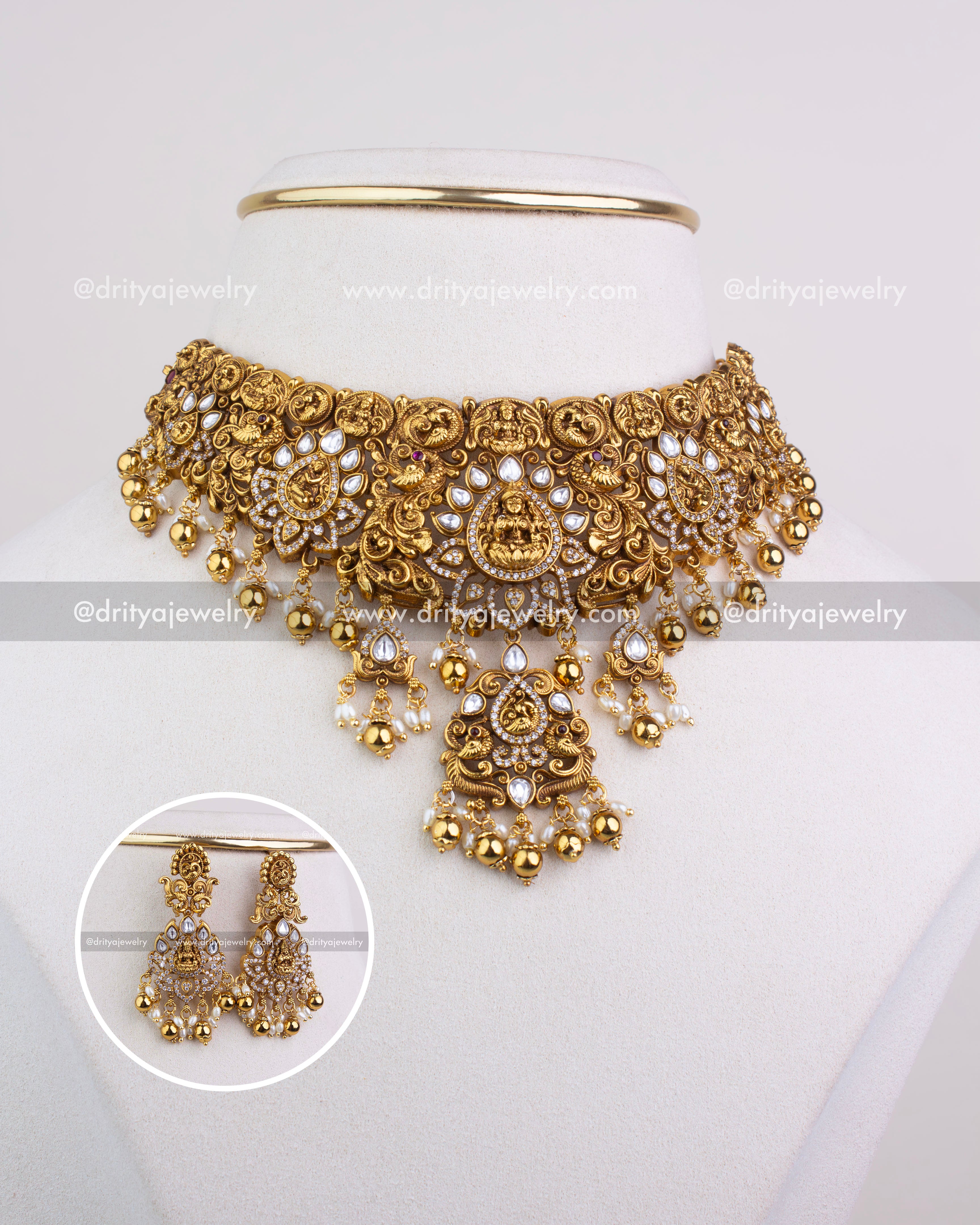SKU 1251 temple god idol nakshi choker necklace set with matching earrings front view