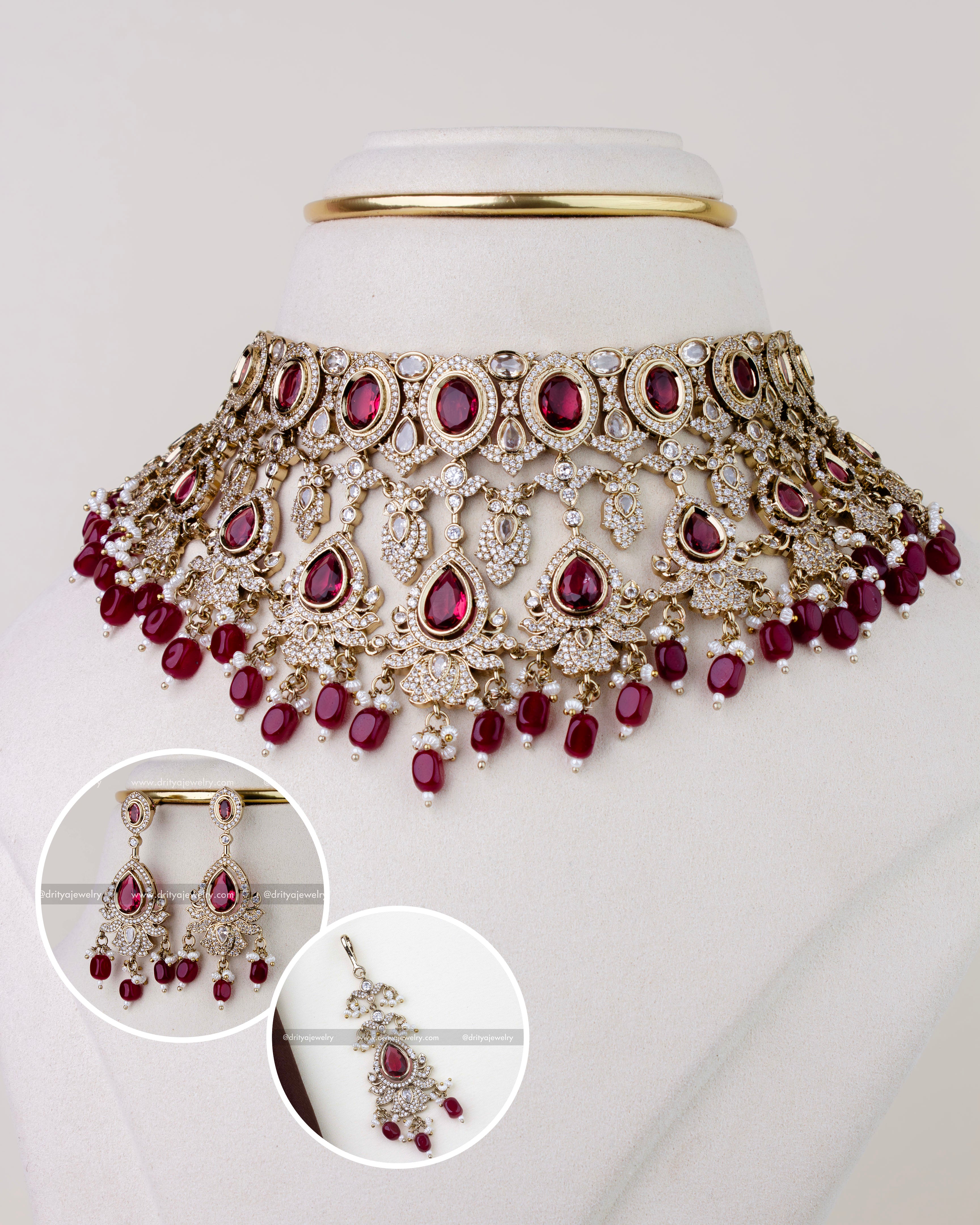 1275-R premium Victorian red stone choker necklace set with earrings and maang tikka front view