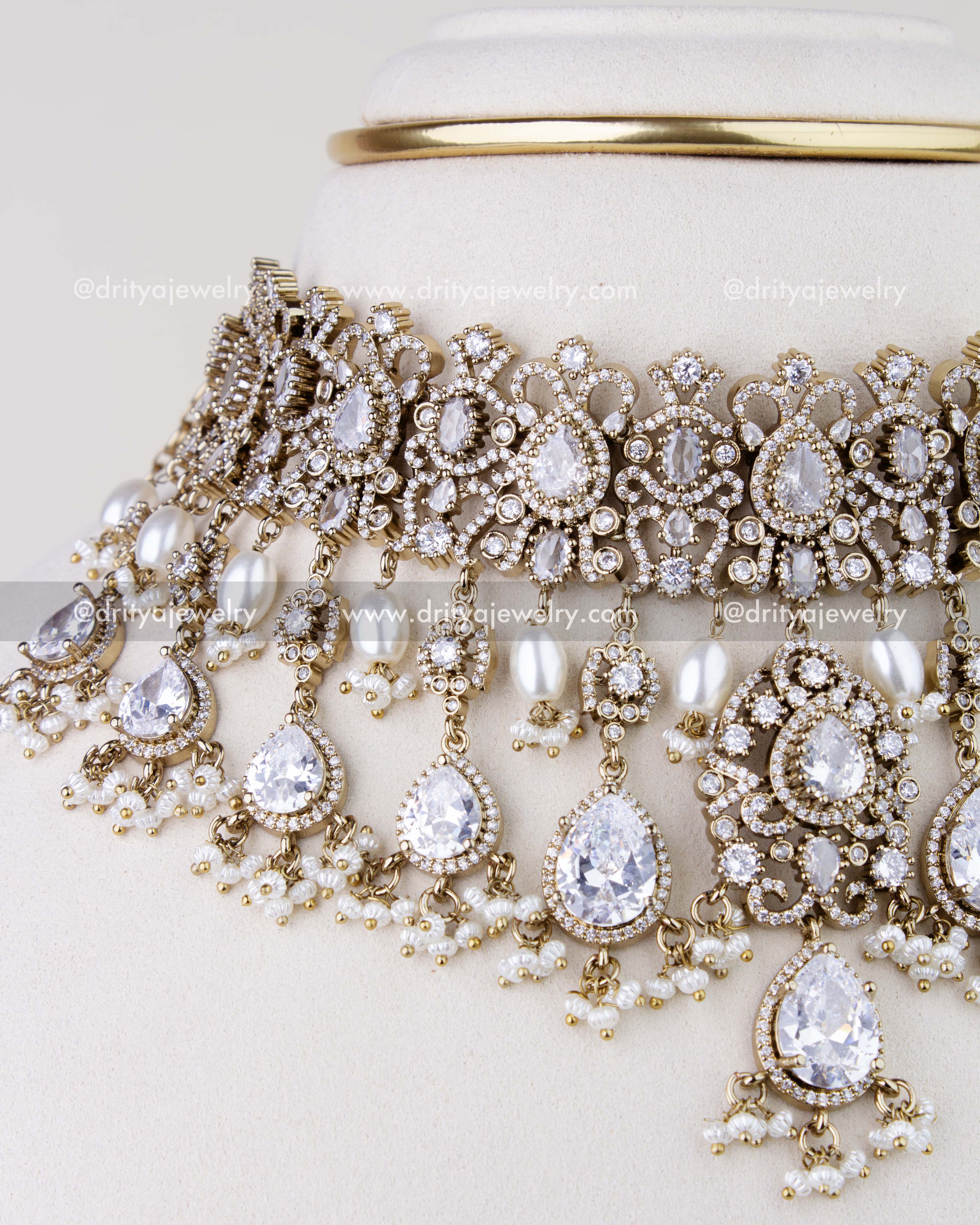 1023-W angled view of bridal choker showing cascading pear-shaped CZ drops