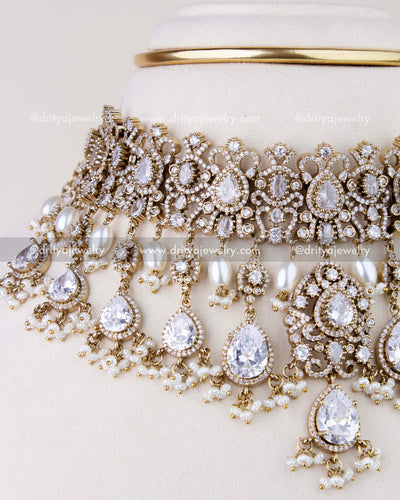 1023-W angled view of bridal choker showing cascading pear-shaped CZ drops