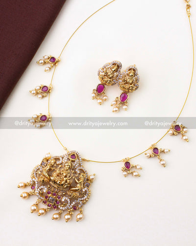 1216-R full Lakshmi temple necklace set with invisible chain and matching studs