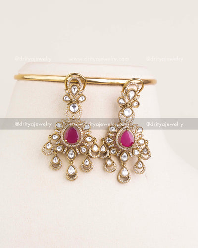1237-P matching ruby pink Polki kundan chandelier earrings close-up
