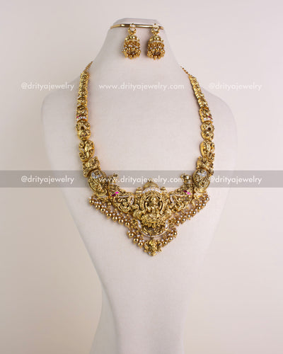 1238 - Full bridal Lakshmi temple necklace set with matching jhumkas