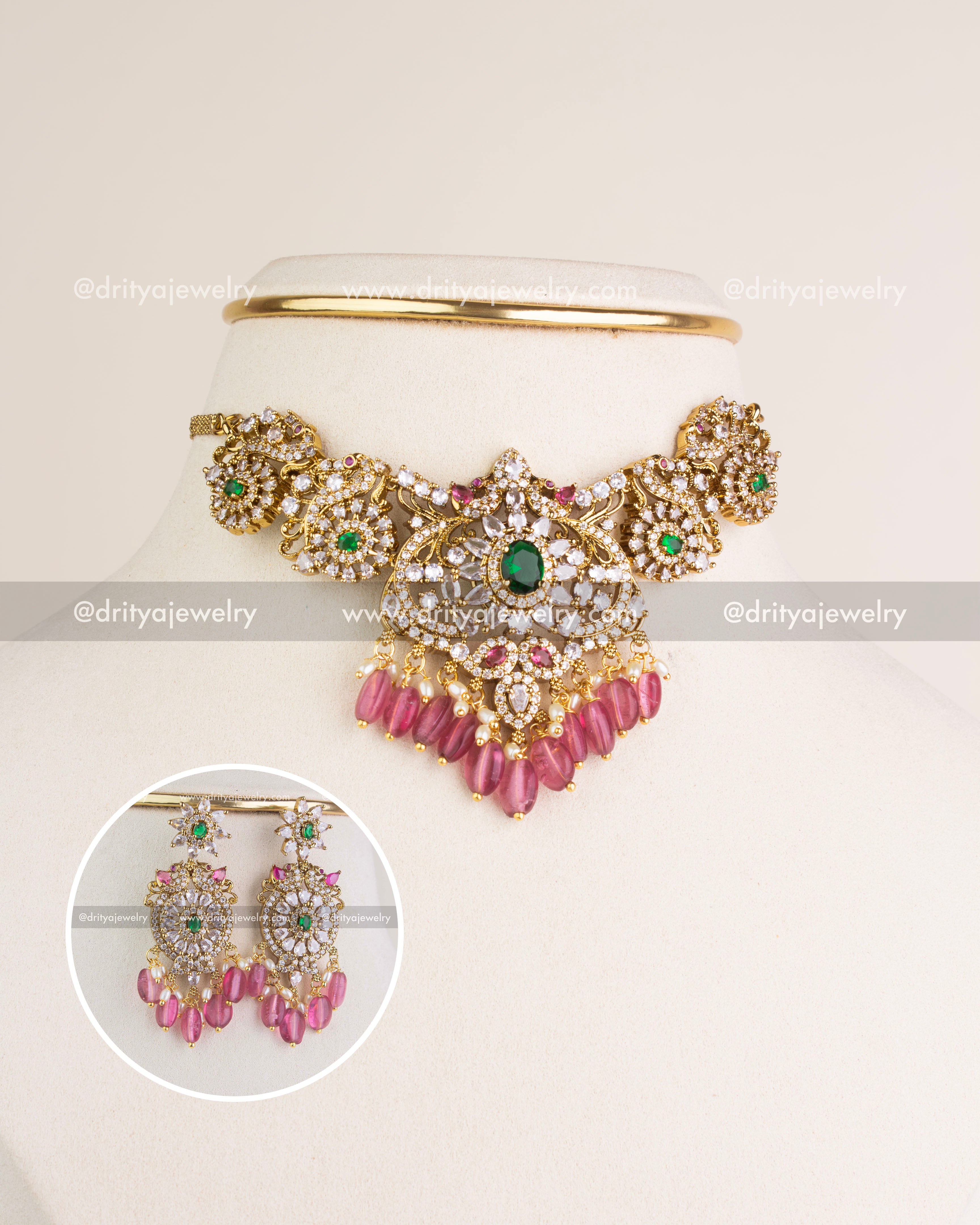 SKU 1150 Necklace Set front view with Victorian CZ choker and matching earrings inset