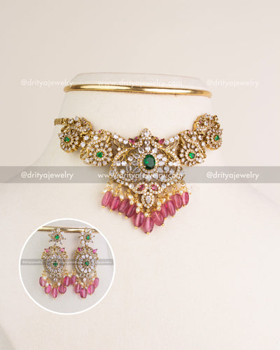 SKU 1150 Necklace Set front view with Victorian CZ choker and matching earrings inset