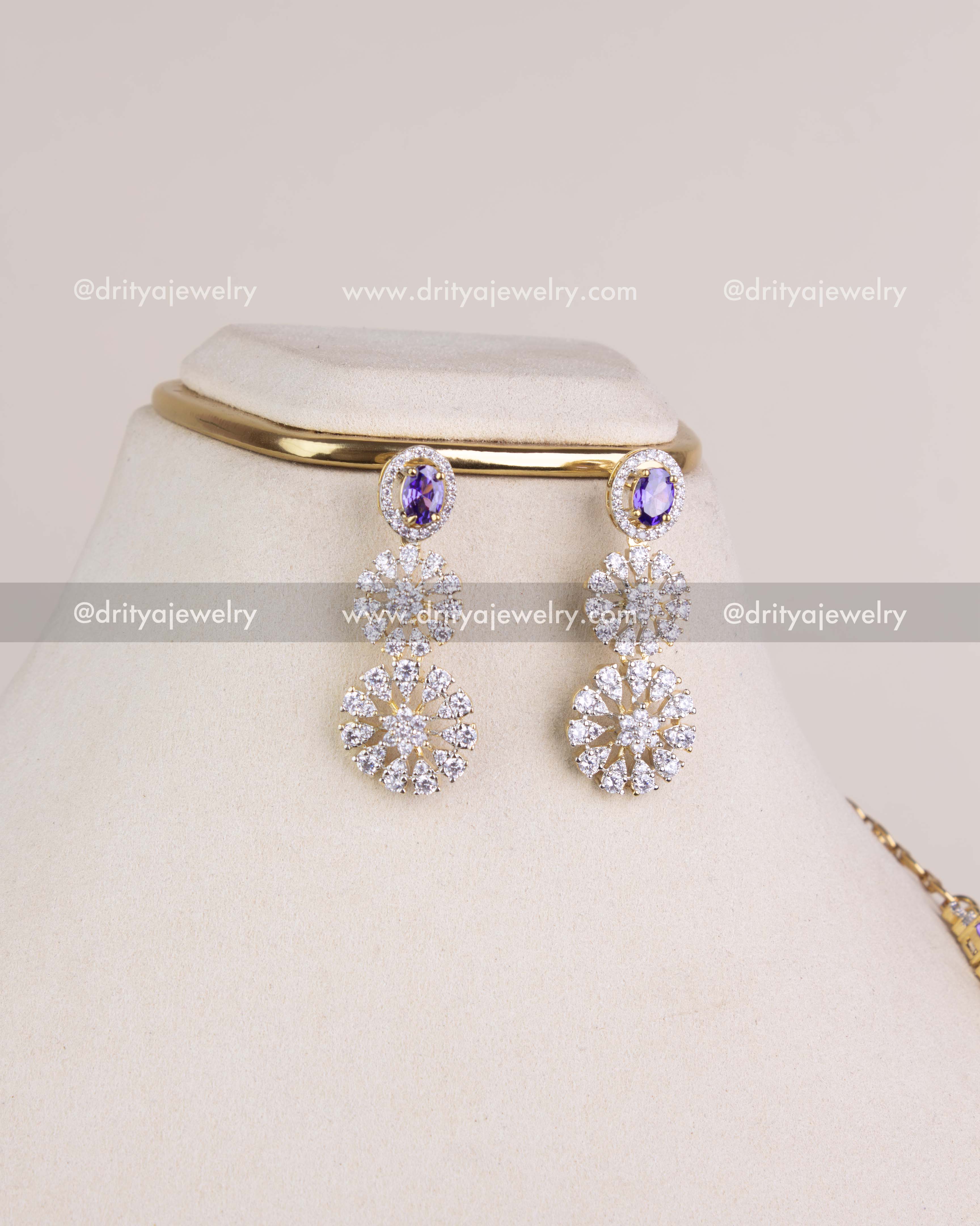 1215-PU bridal CZ and purple stone dangler earrings front view