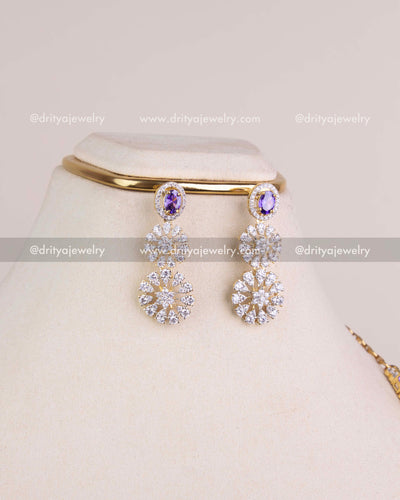 1215-PU bridal CZ and purple stone dangler earrings front view
