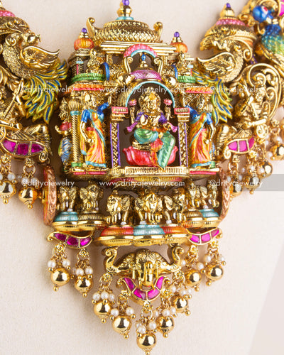 SKU 1118 Necklace Set macro shot of central temple pendant with god idol and hanging beads