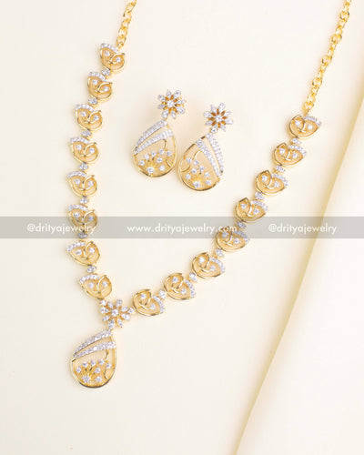 SKU 1180 - Complete CZ teardrop floral necklace set with earrings