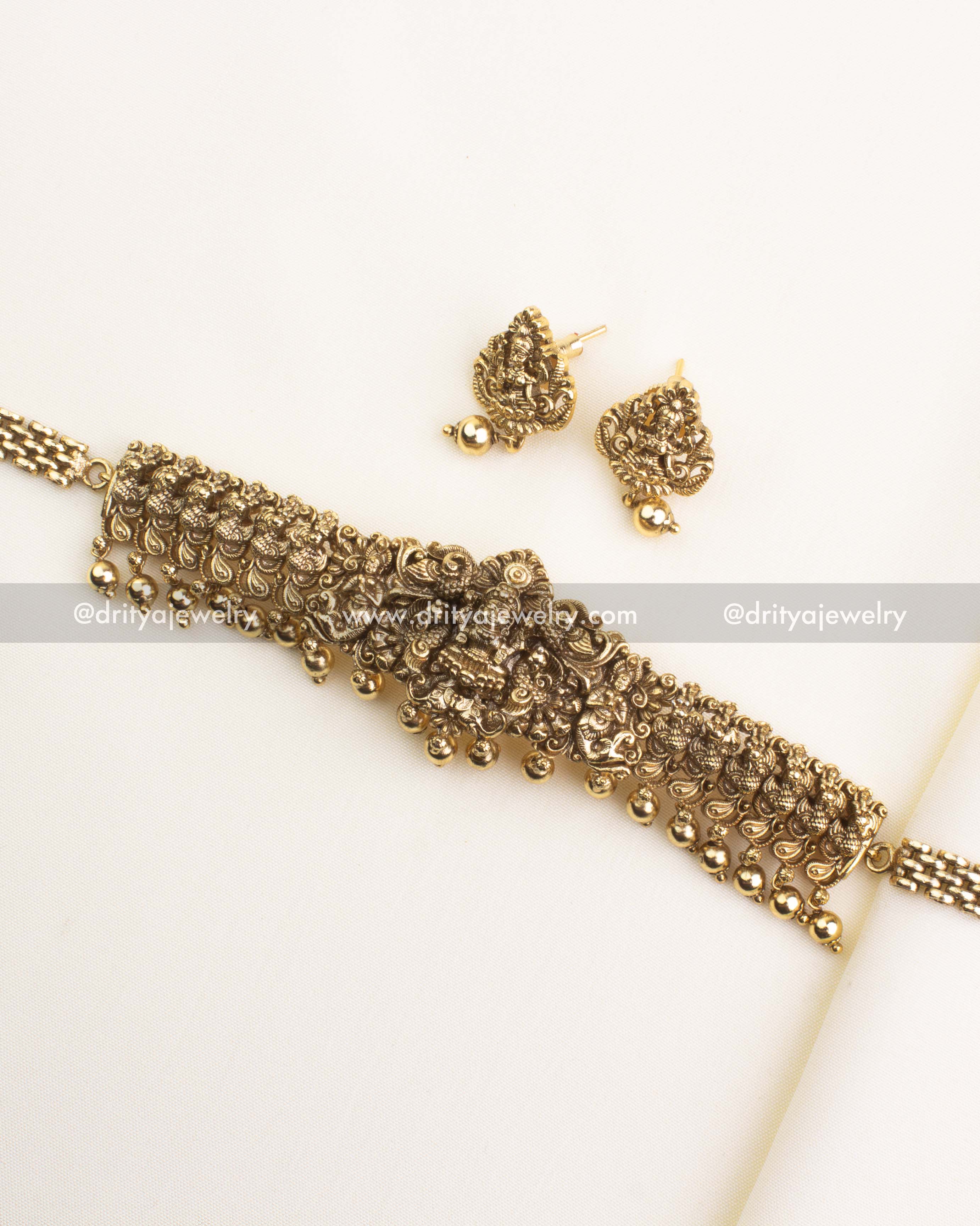 SKU 1139 - Necklace Set - Full flatlay of god idol choker necklace with coordinating studs