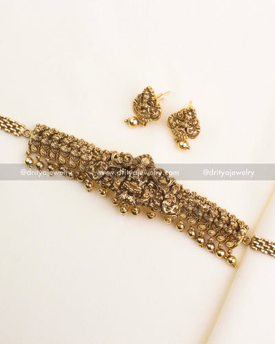 SKU 1139 - Necklace Set - Full flatlay of god idol choker necklace with coordinating studs