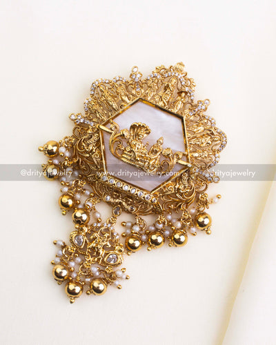 SKU 1100 Necklace Set angled view showing full layered Vishnu idol pendant with pearl and gold beads