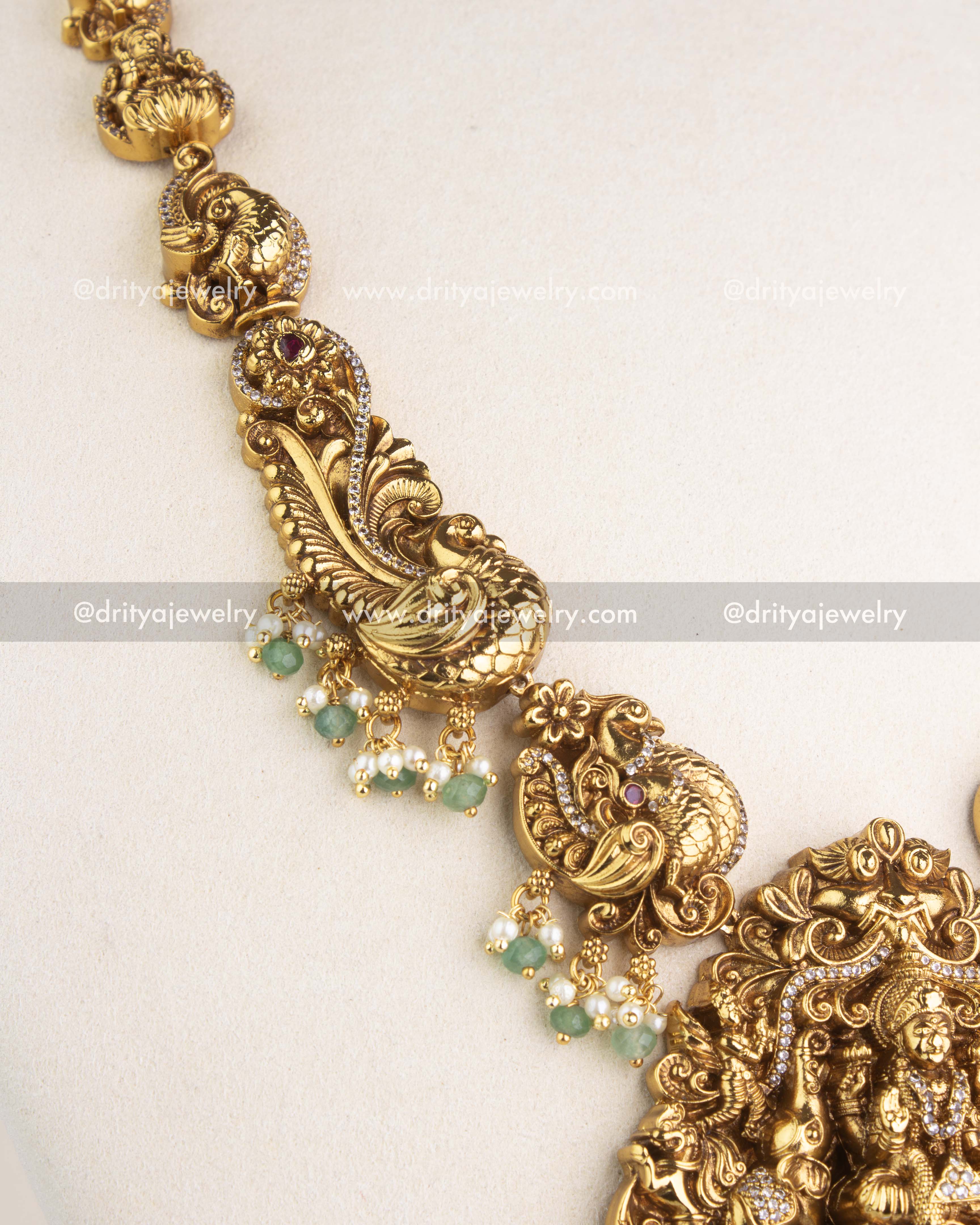 SKU 1178 Necklace Set angled close-up of side motifs showing fish and floral nakshi work
