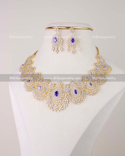 1278-PU premium purple CZ short necklace set with matching dangler earrings front view