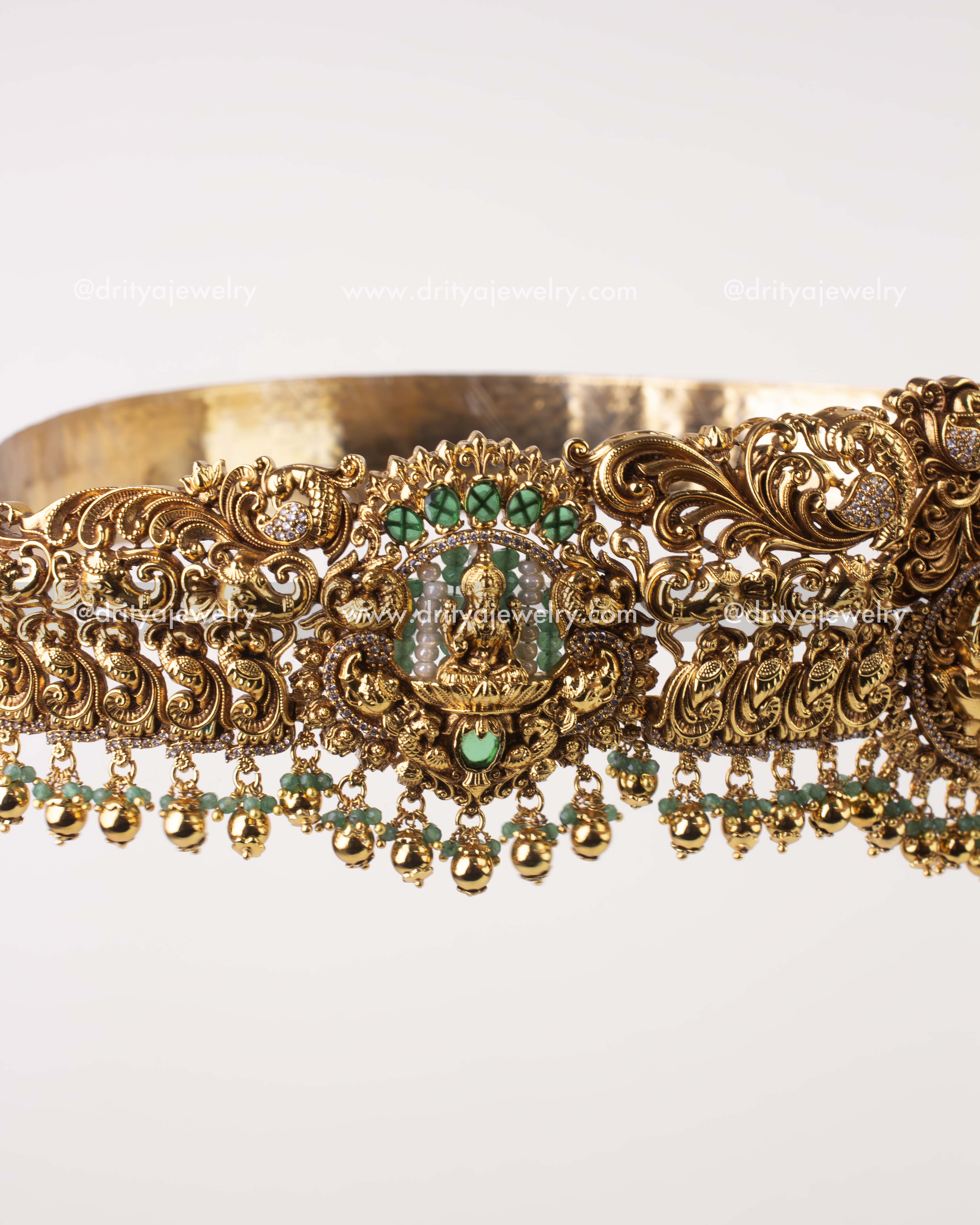 1244-WB waist belt close-up of sculpted motifs and green stone drops