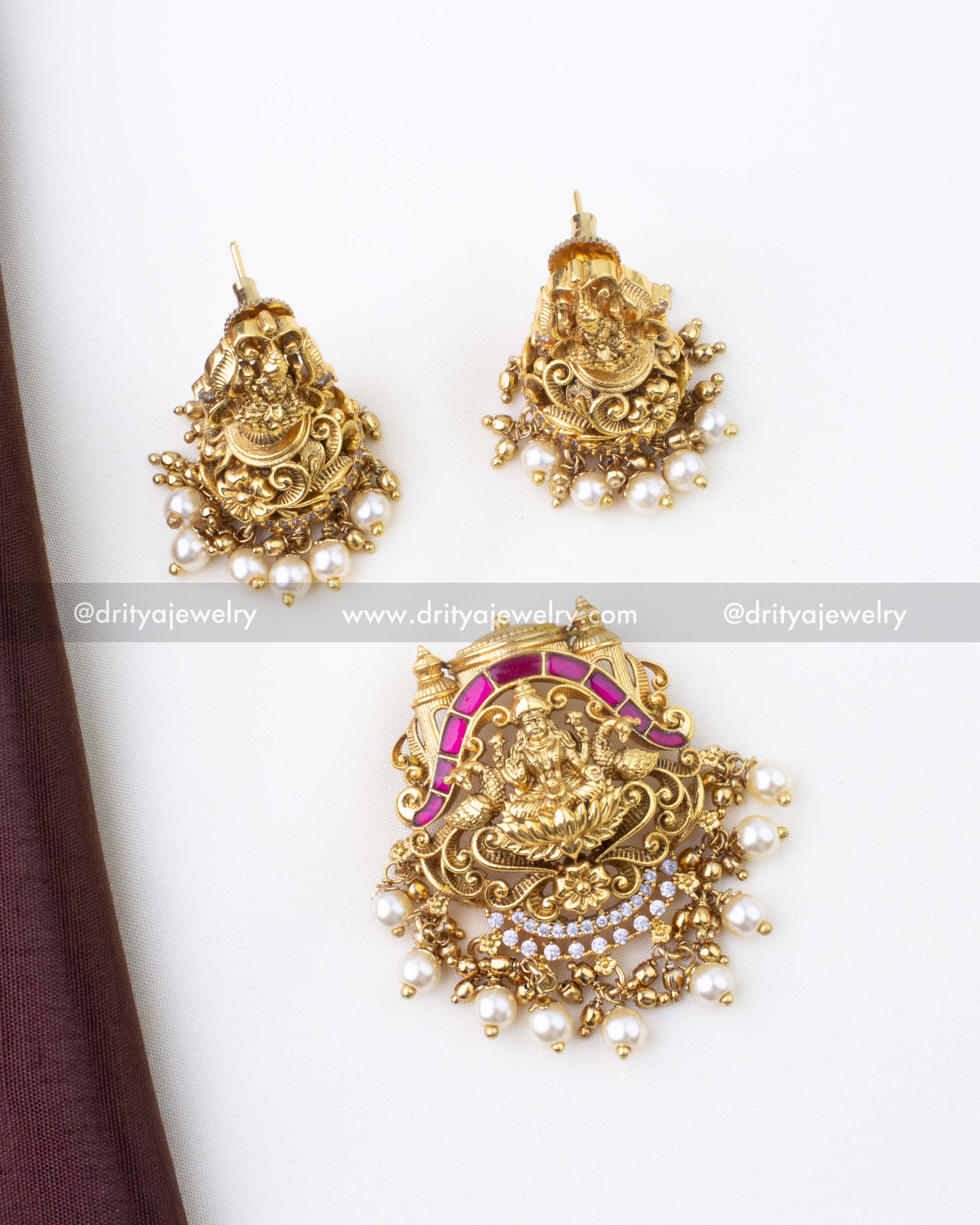 1284-R Lakshmi god idol kemp pendant with matching jhumka earrings front view