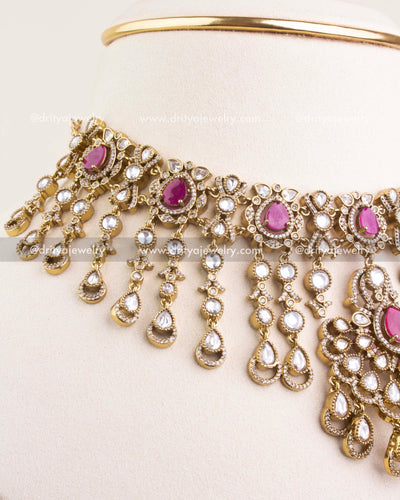 1237-P side detail of cascading kundan drops on ruby pink choker necklace