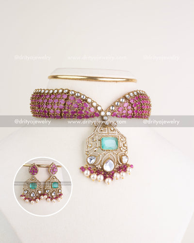 SKU 1205 Necklace Set front view showing pink stone choker with mint green pendant and inset earring detail.