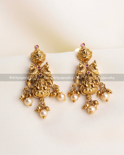 SKU 1127 Necklace Set close-up of matching temple earrings with god idol and pearl hangings