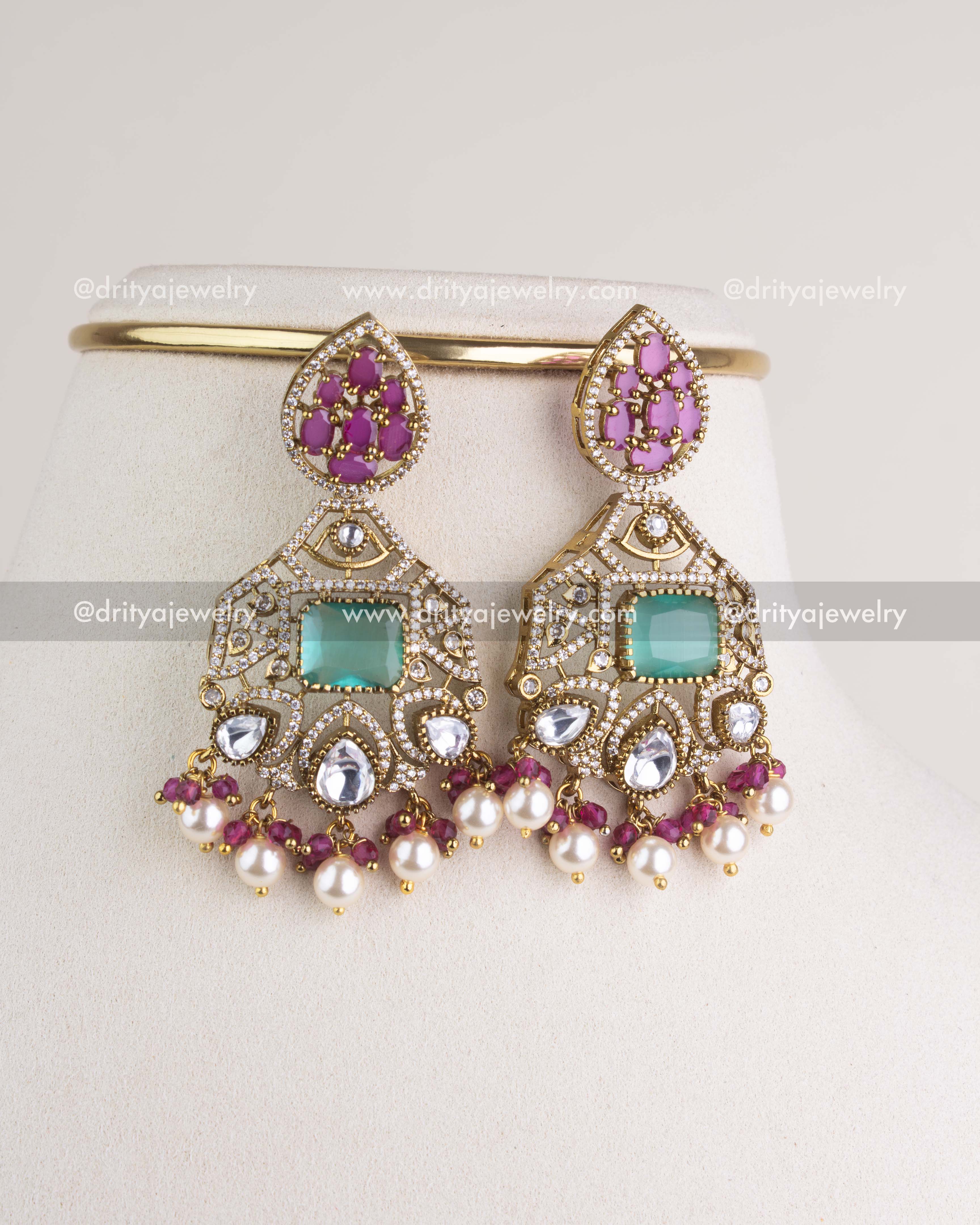 SKU 1205 Necklace Set close-up of matching kundan drop earrings with mint green centre stones and pearl drops.