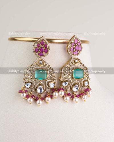 SKU 1205 Necklace Set close-up of matching kundan drop earrings with mint green centre stones and pearl drops.