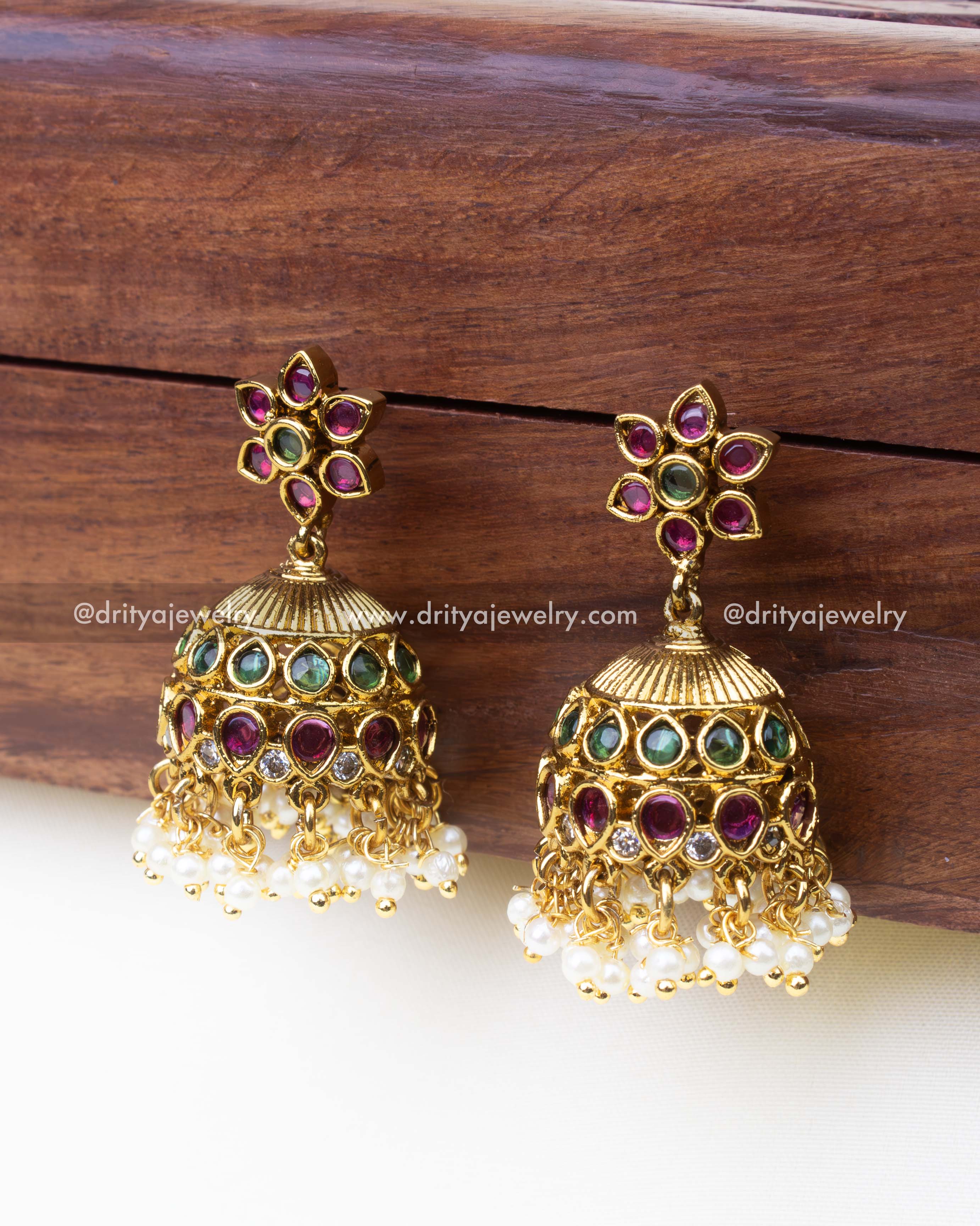 1248 - Jhumka earrings front view with pearl and multicolour stone detailing