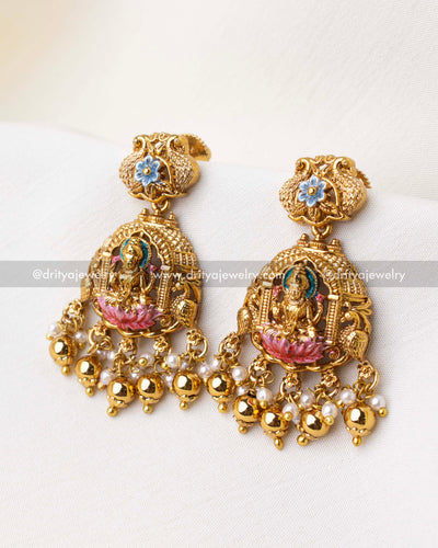 SKU 1262 - Lakshmi Devi meenakari jhumka earrings front view with pearl and gold bead drops