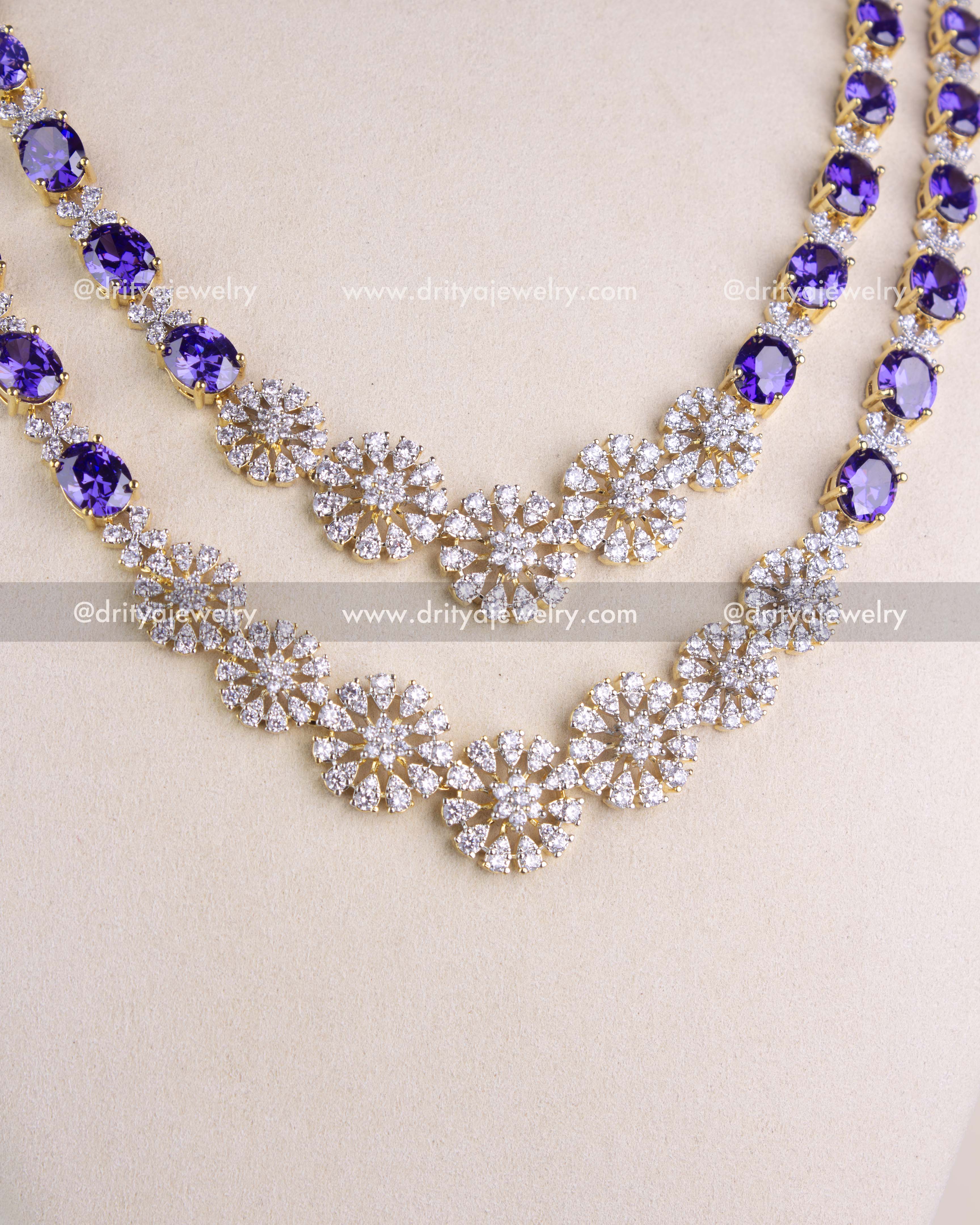 1215-PU close-up of double-layer CZ floral necklace centerpiece