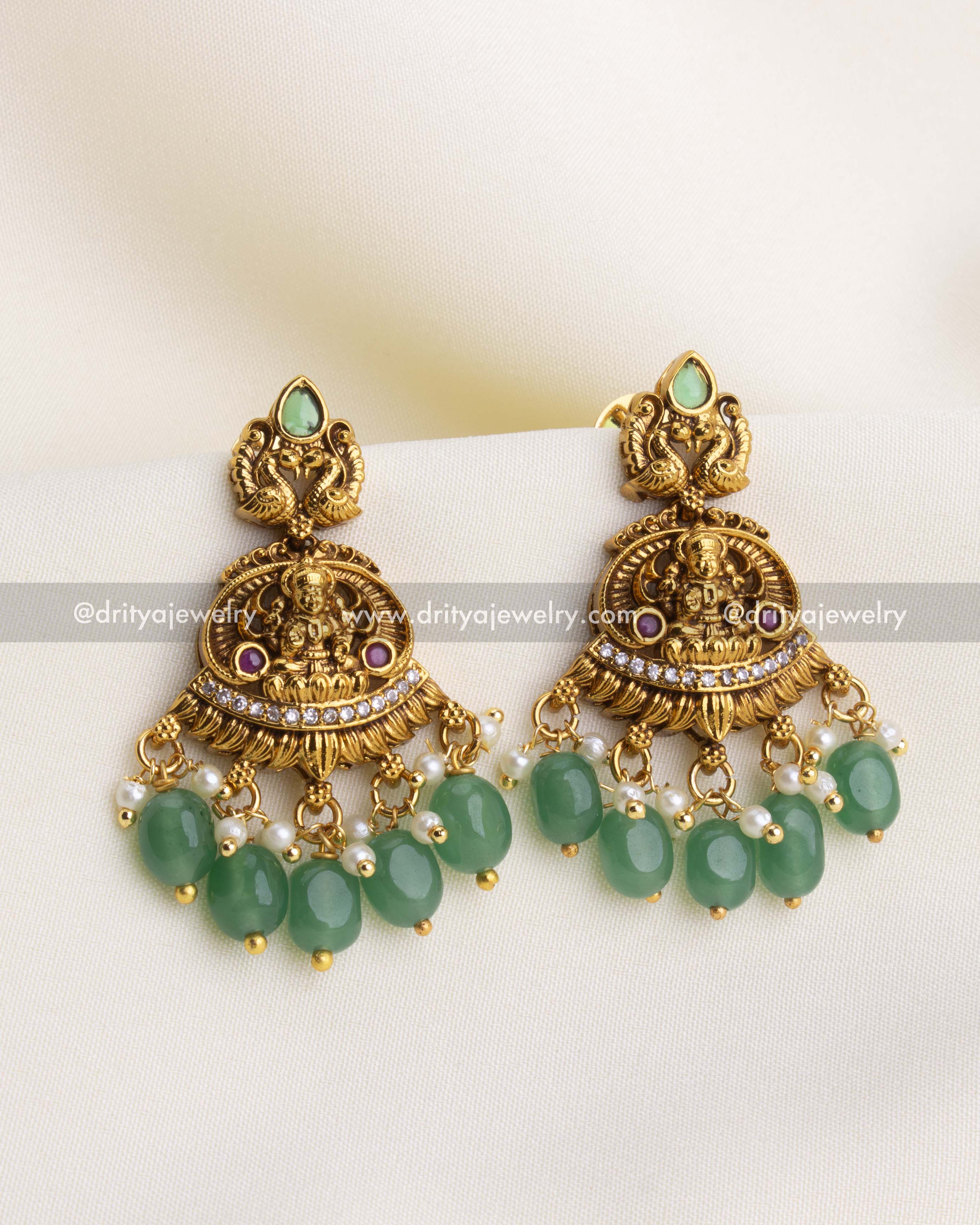 SKU 1165 temple earrings with Vishnu idol and green bead drops front view
