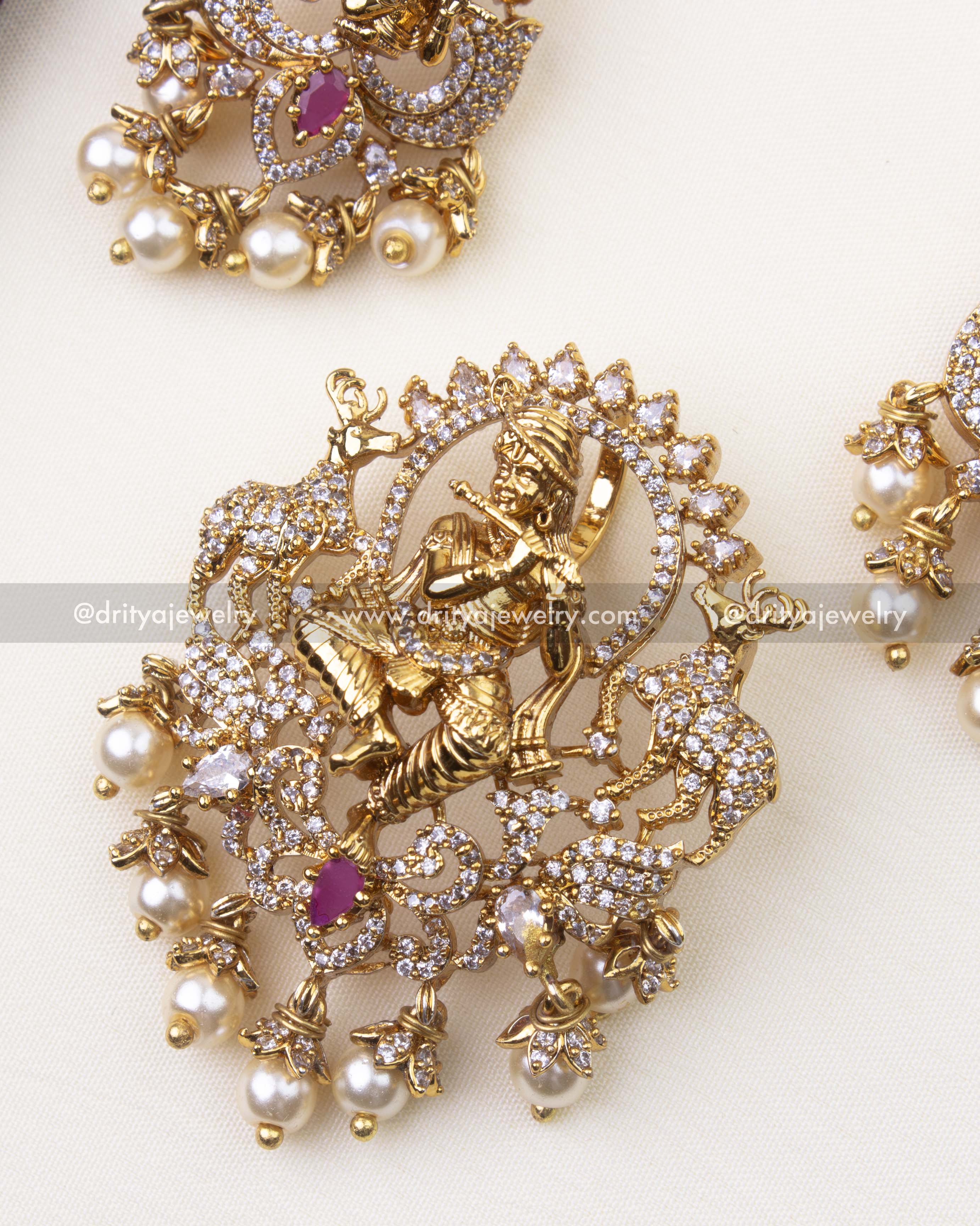 1239 close-up of Lord Krishna pendant with CZ stones and pearls