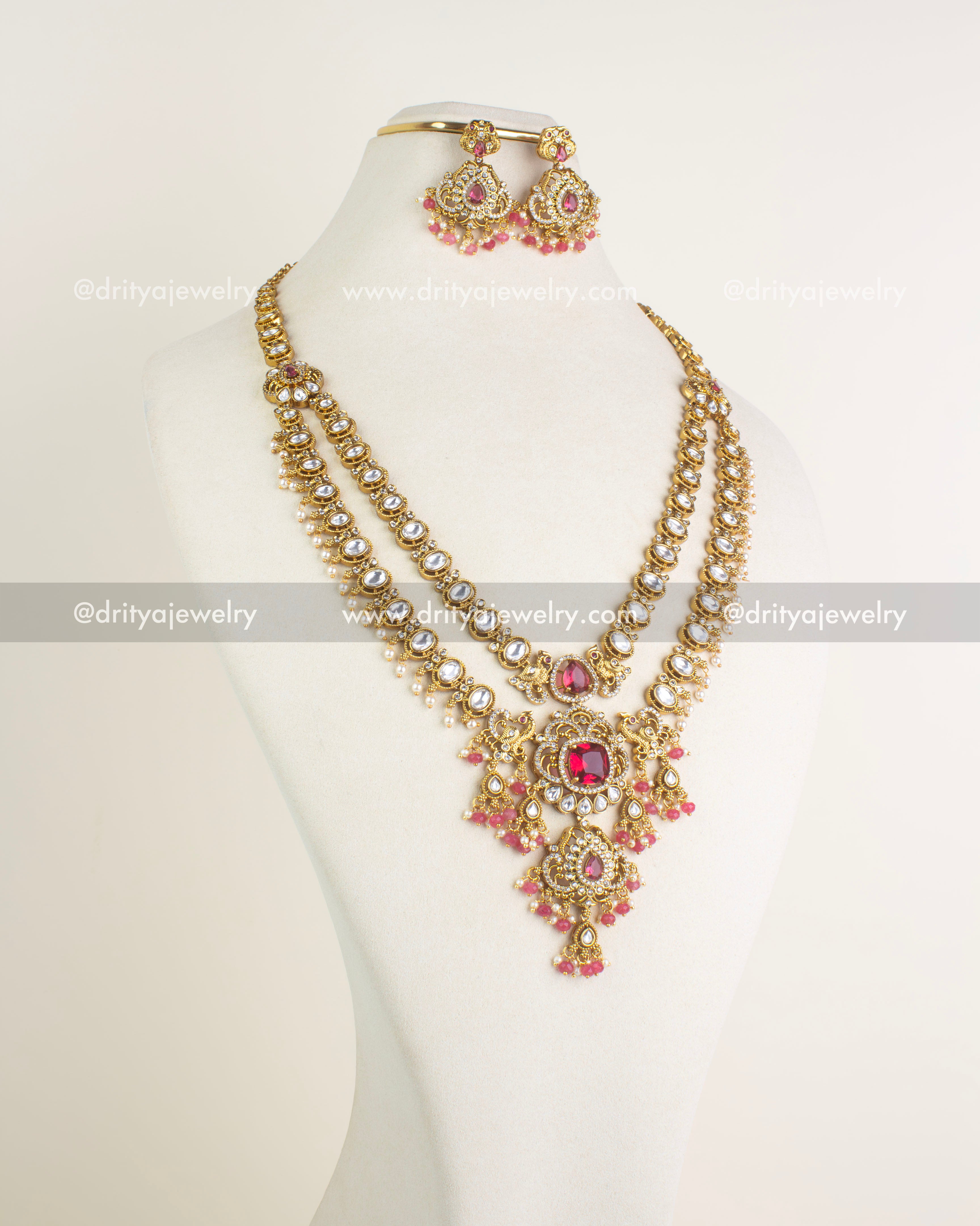 1156-R - Necklace Set - Front view of multi-layer kundan long necklace with earrings