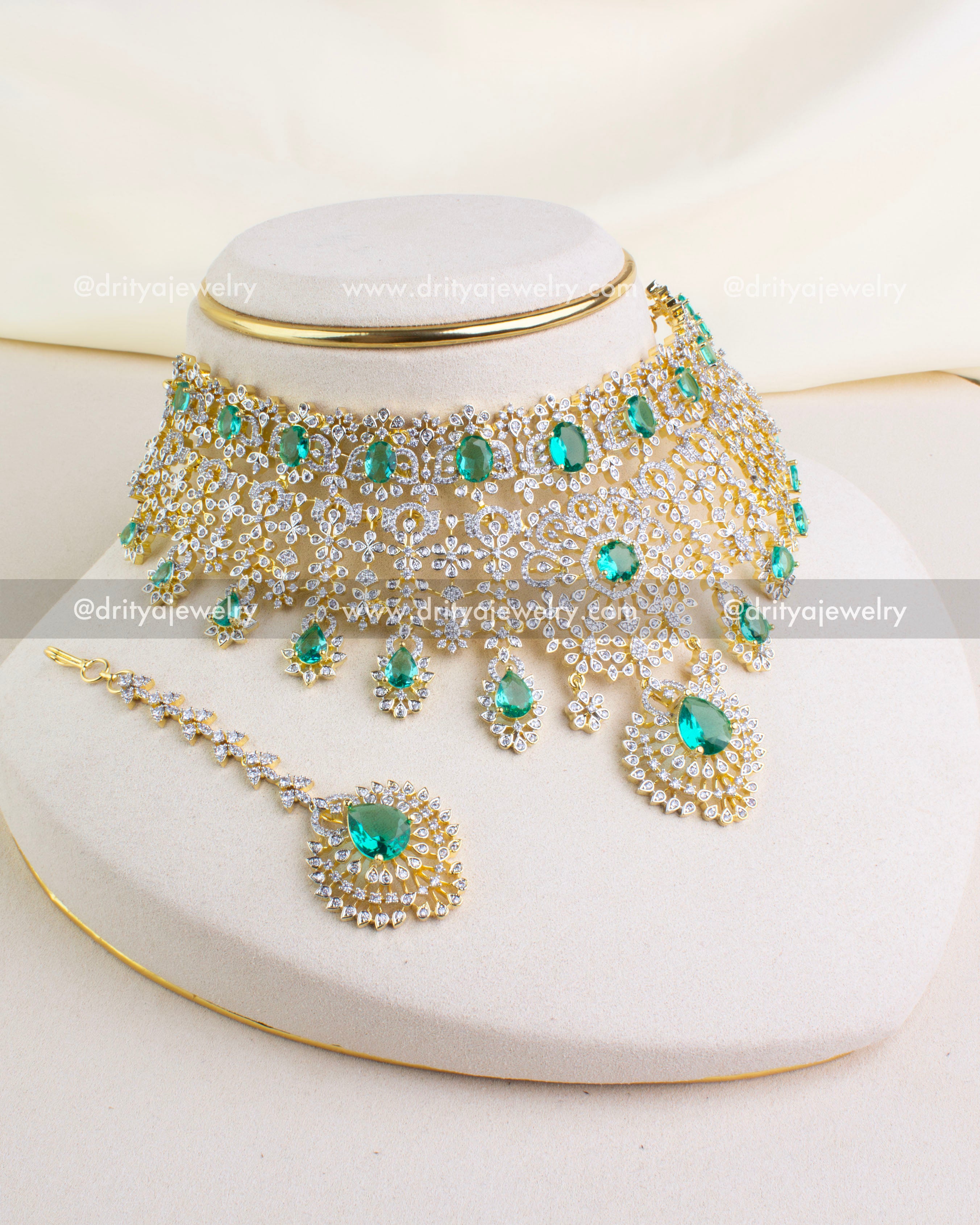 1226-G Complete emerald CZ bridal choker set with jhumkas and maang tikka