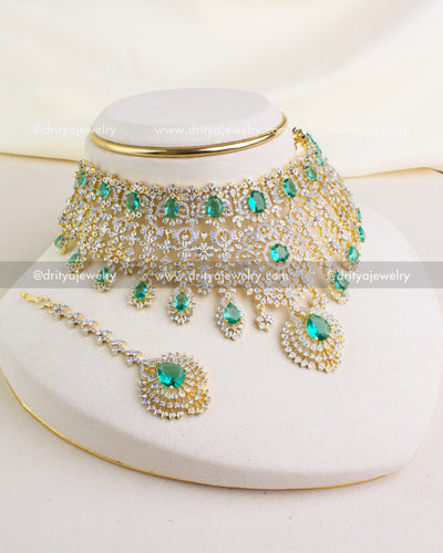 1226-G Complete emerald CZ bridal choker set with jhumkas and maang tikka