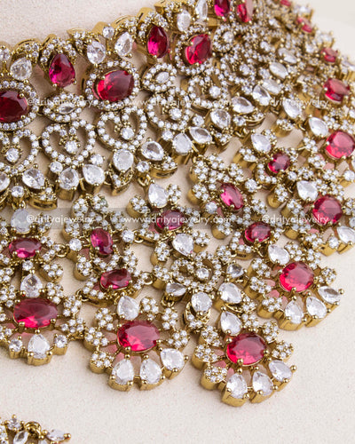 1043-R close-up of layered red and CZ stone detailing on Victorian choker necklace