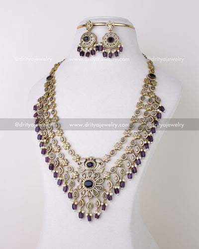 1309-PUL Layered Victorian long necklace set with matching earrings front view