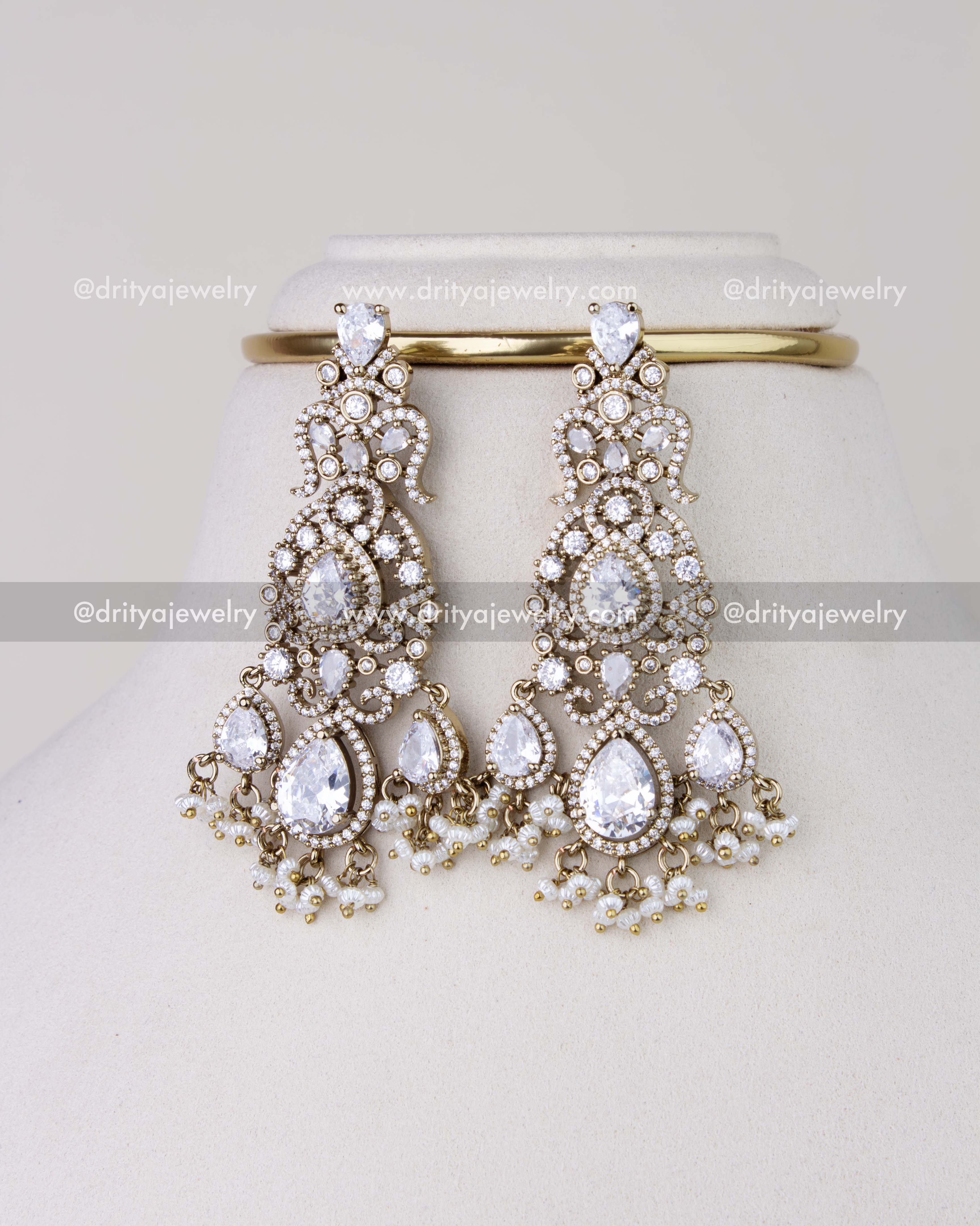 1023-W close-up of matching big CZ stone bridal dangler earrings