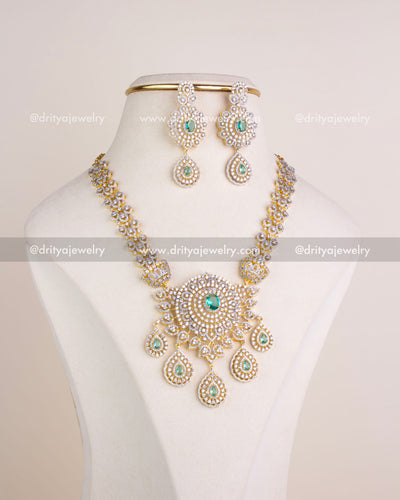 1229-RE premium CZ emerald replica short necklace set with matching dangler earrings front view