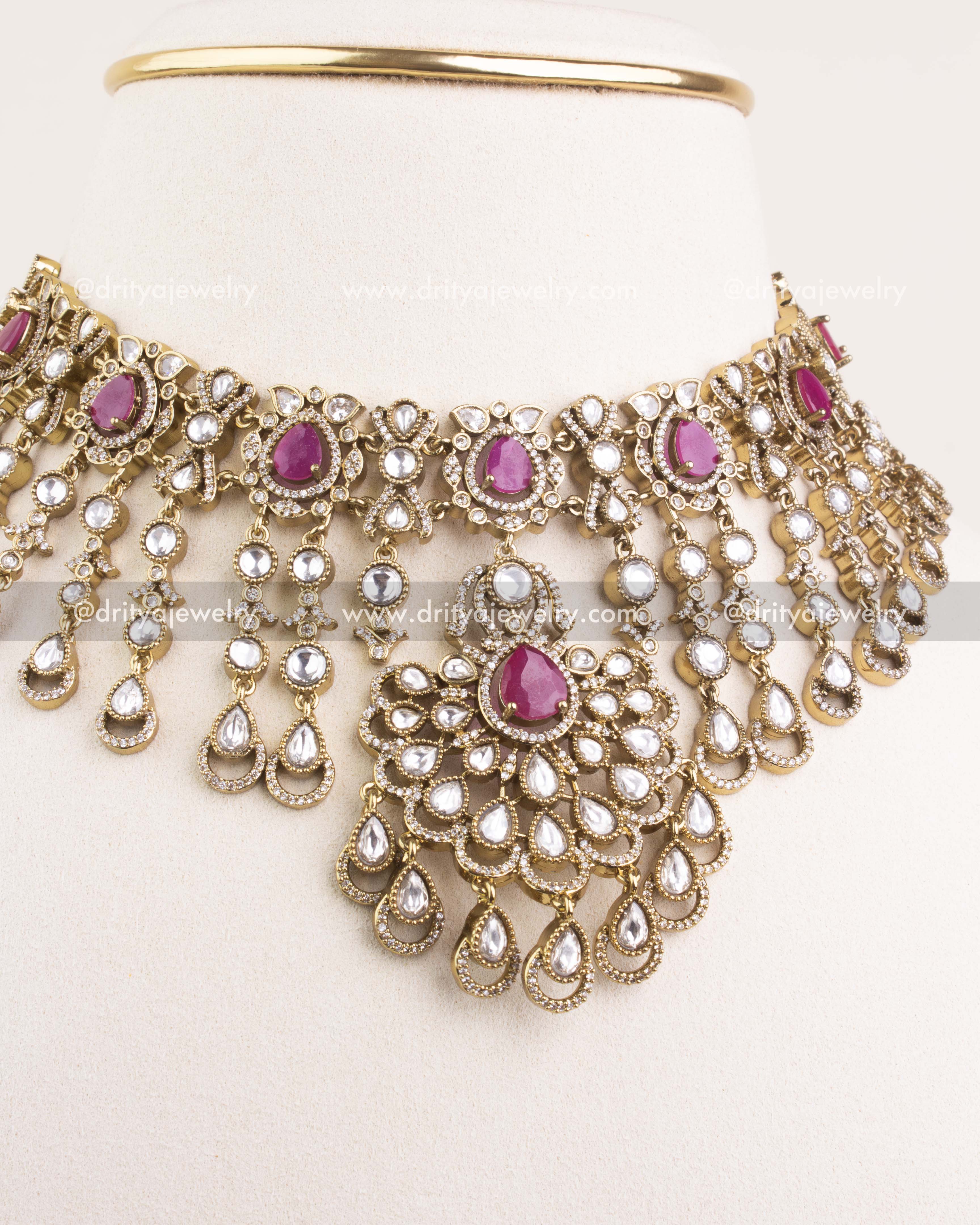 1237-P central floral pendant of ruby pink Victorian Polki kundan choker necklace