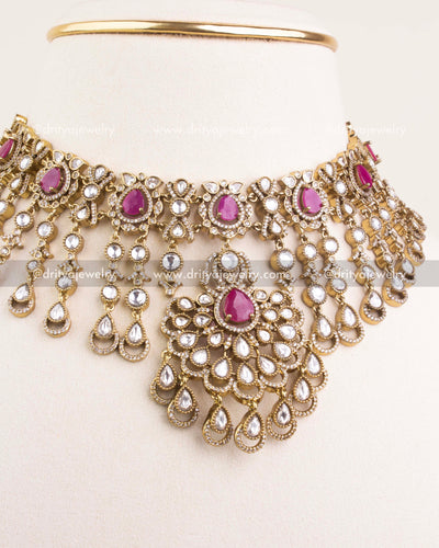 1237-P central floral pendant of ruby pink Victorian Polki kundan choker necklace