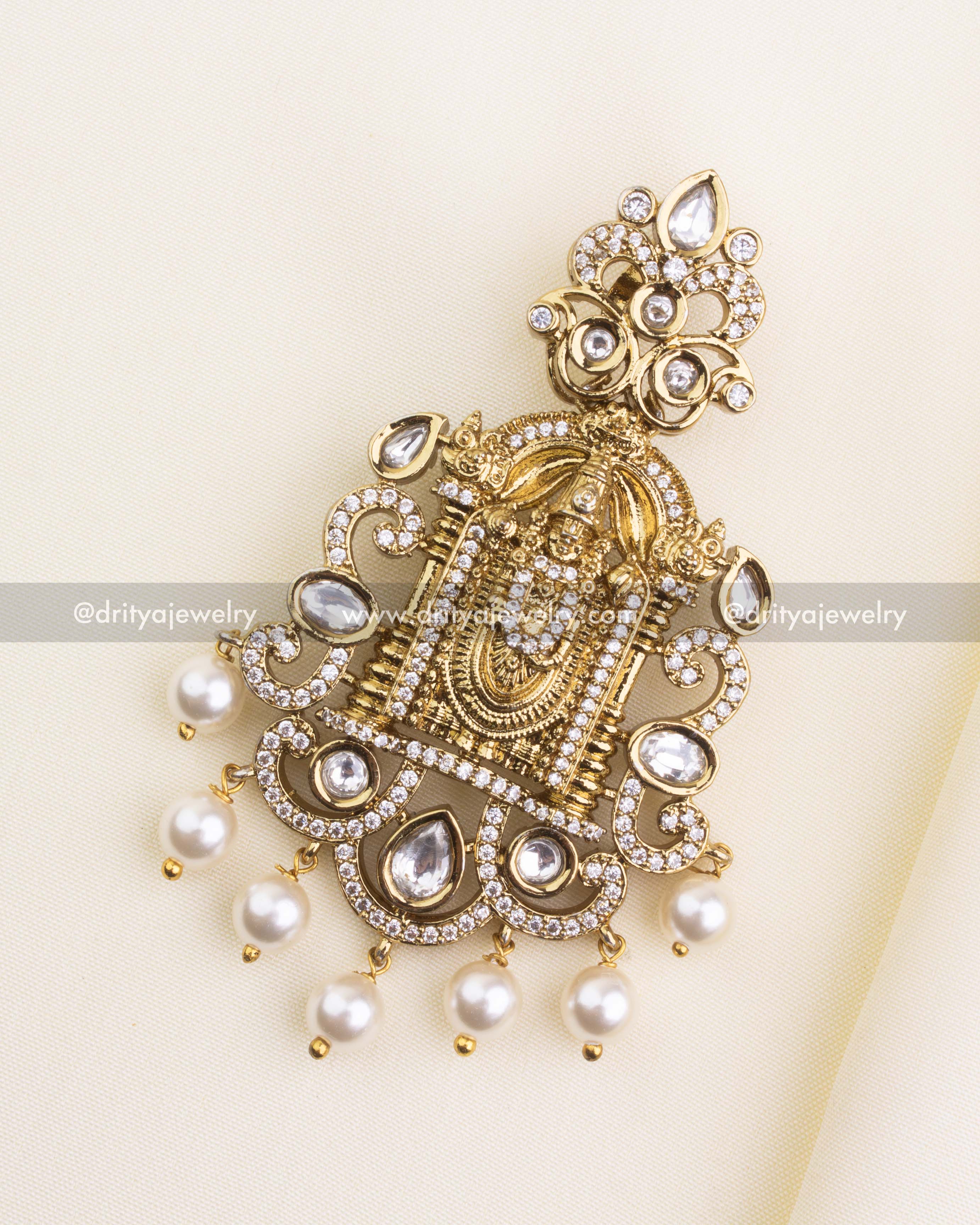 SKU 1190 full view of gold-tone Venkateswara Swamy pendant with pearl drops