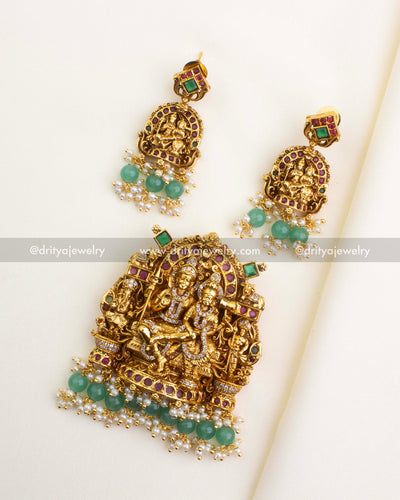 1204 - Premium nakshi temple pendant with matching god idol earrings laid flat