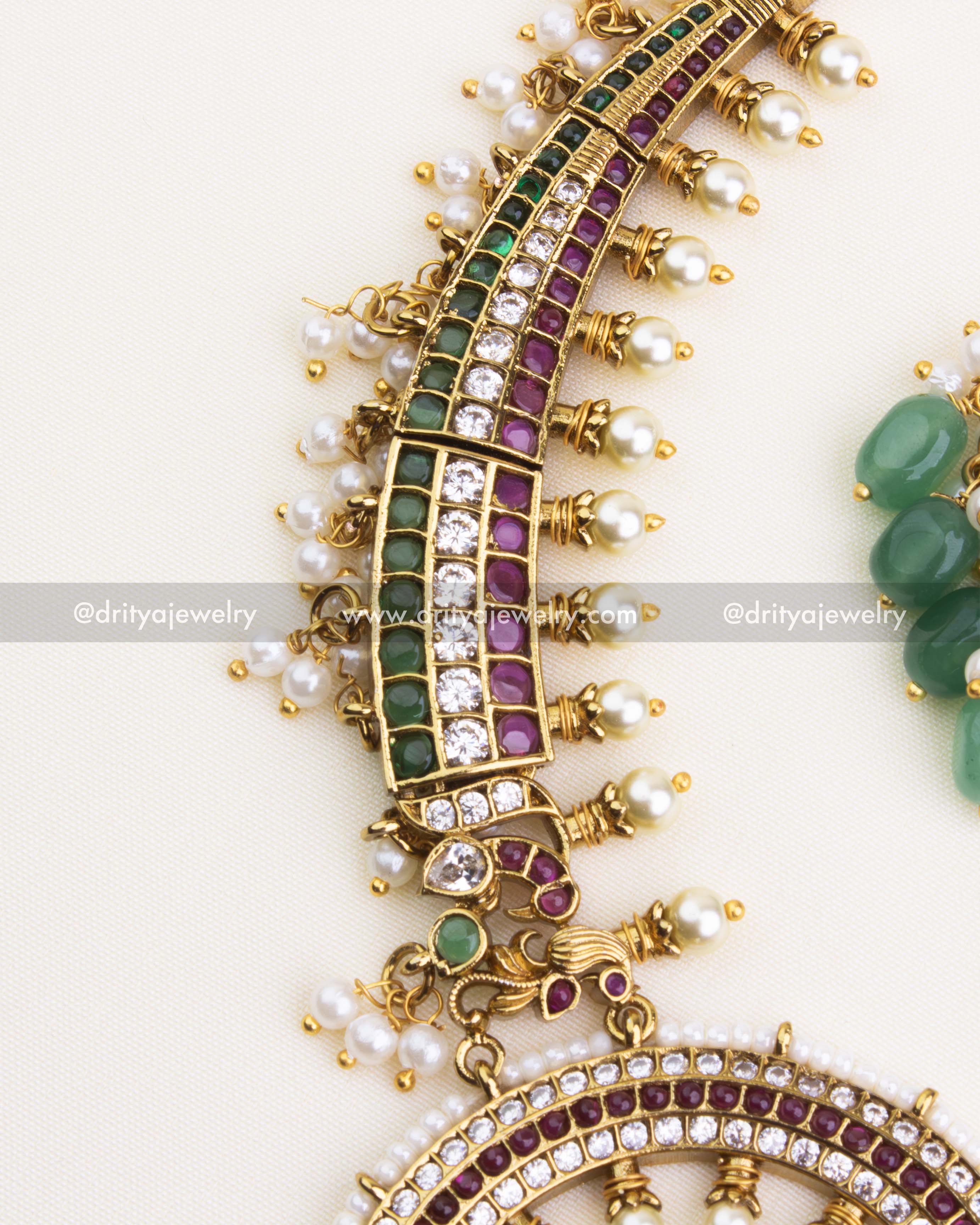 SKU 1108 Necklace Set - Side detail view of stone-studded necklace band with pearls
