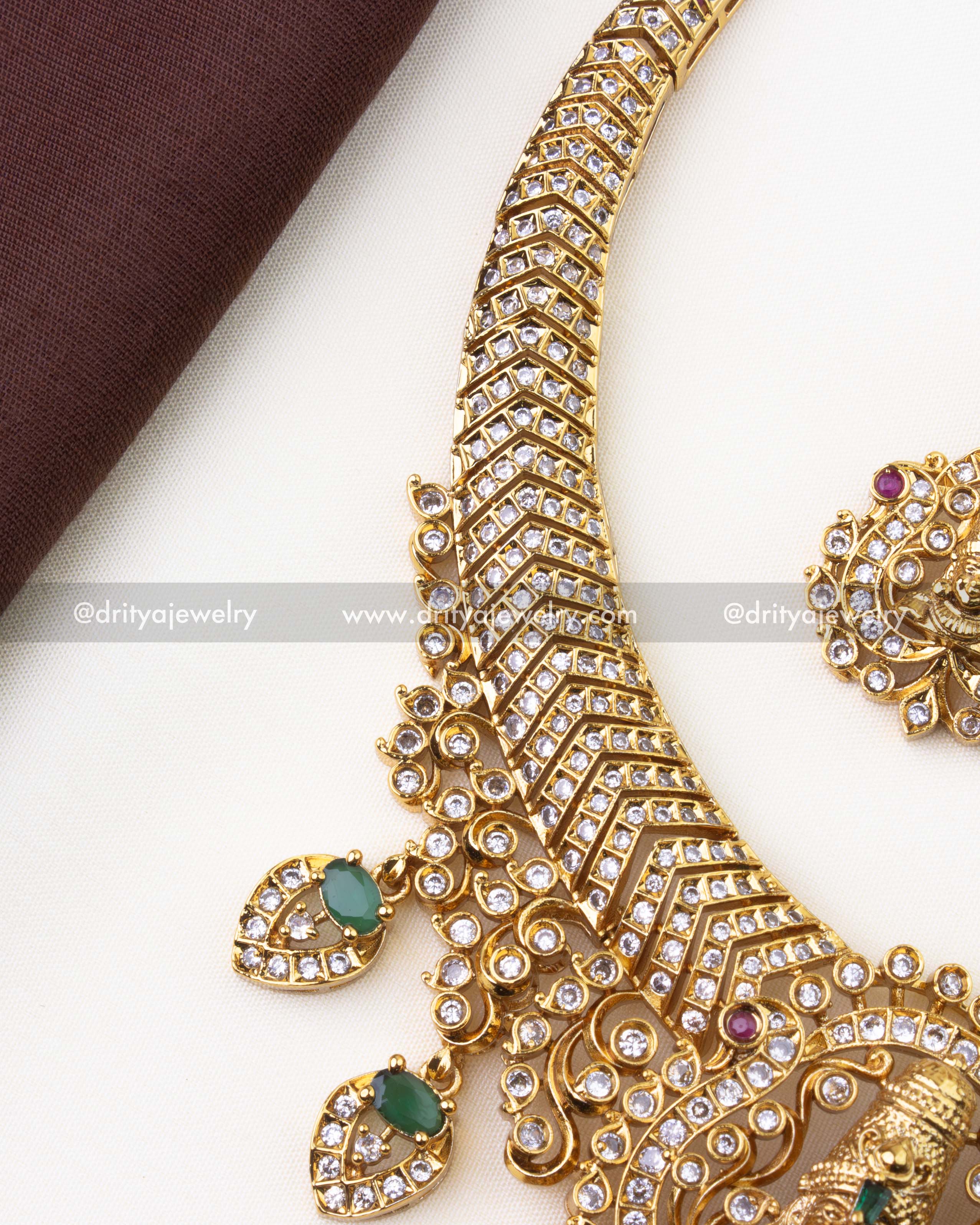 1223-G side view of CZ-studded kanti necklace band with green drops