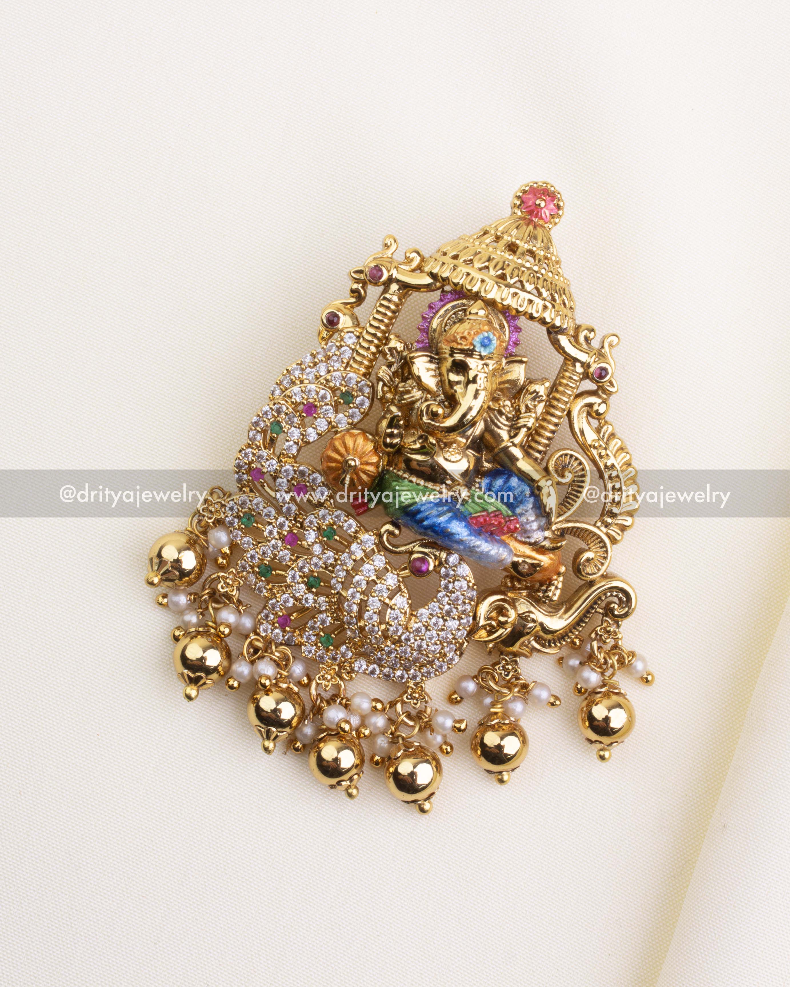 SKU 1116 pendant front view showing layered Lord Ganesha idol with meenakari and bead drops