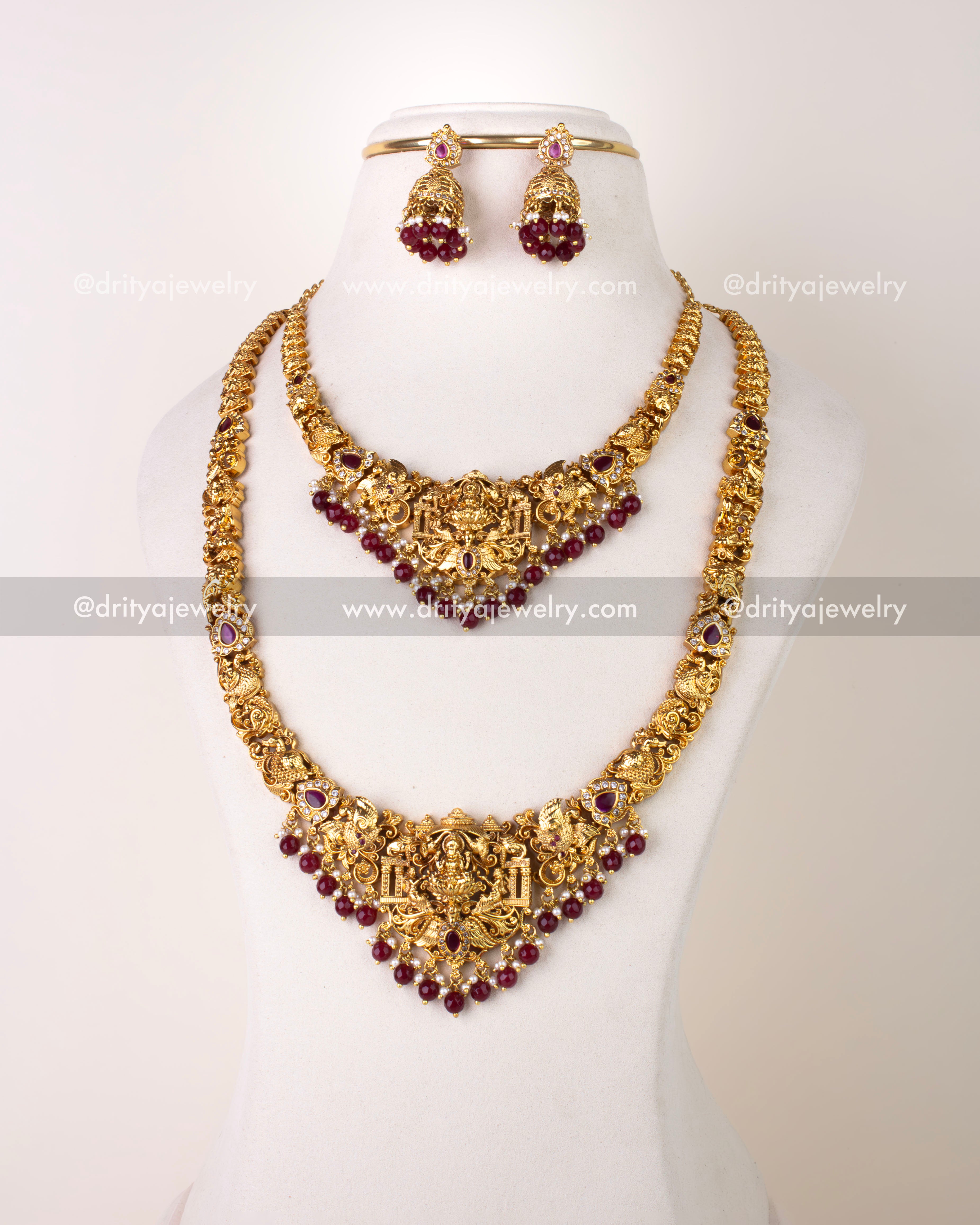 1270-R premium temple god idol necklace set with long necklace and jhumka earrings front view
