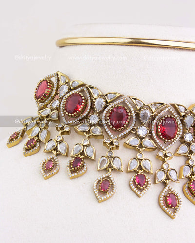1236-R close-up of red and white stone detailing on Victorian choker necklace