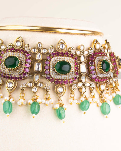 SKU 1144 Necklace Set detailed side close-up of kundan work and dangling green beads on choker.